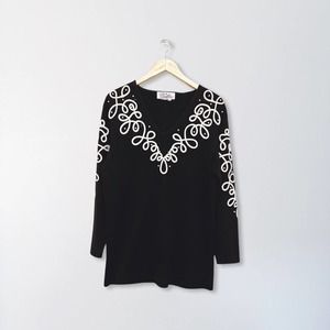 80s Bob Mackie Black and Cream Swirl Pearl Sweater | Medium